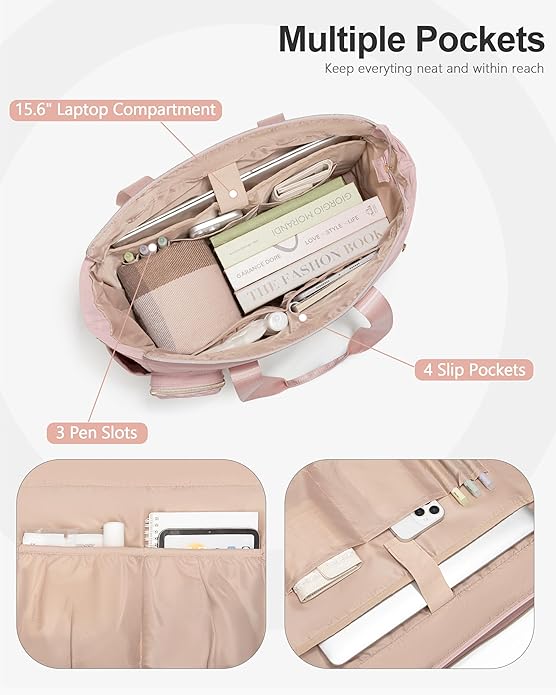 Teacher Tote Bag for Work with 10 Pockets, 15.6" Laptop Water-Resistant Bag with Crossbody Strap for Women, College