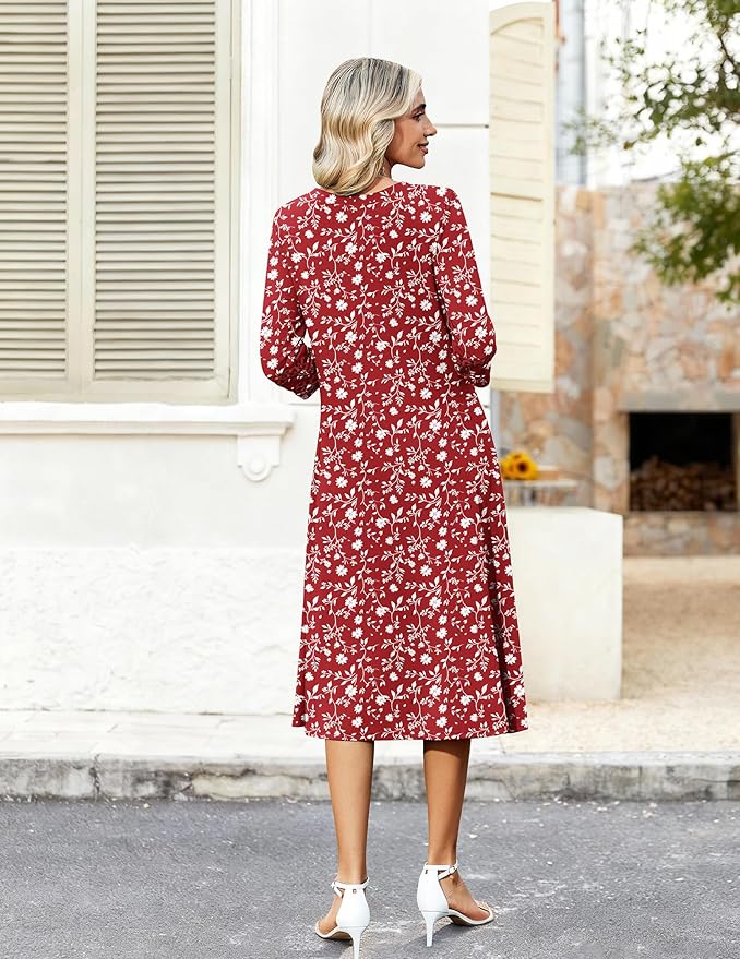 Zeagoo Women's Dresses 3/4 Sleeve Summer Casual V-Neck A Line Flowy Eyelet Midi Dress for Women Beach Vacation Sundress