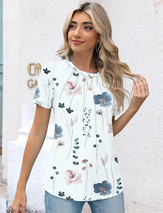 Kistore Womens Casual Crew Neck Short Sleeve Pleated Tops Blouses Fashion Clothes 2026