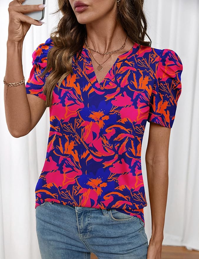 Lomon Spring Summer Tops for Women 2026 V Neck Puff Short Sleeve Tops Fashion Trendy Work Blouses Dressy Casual S-XXL