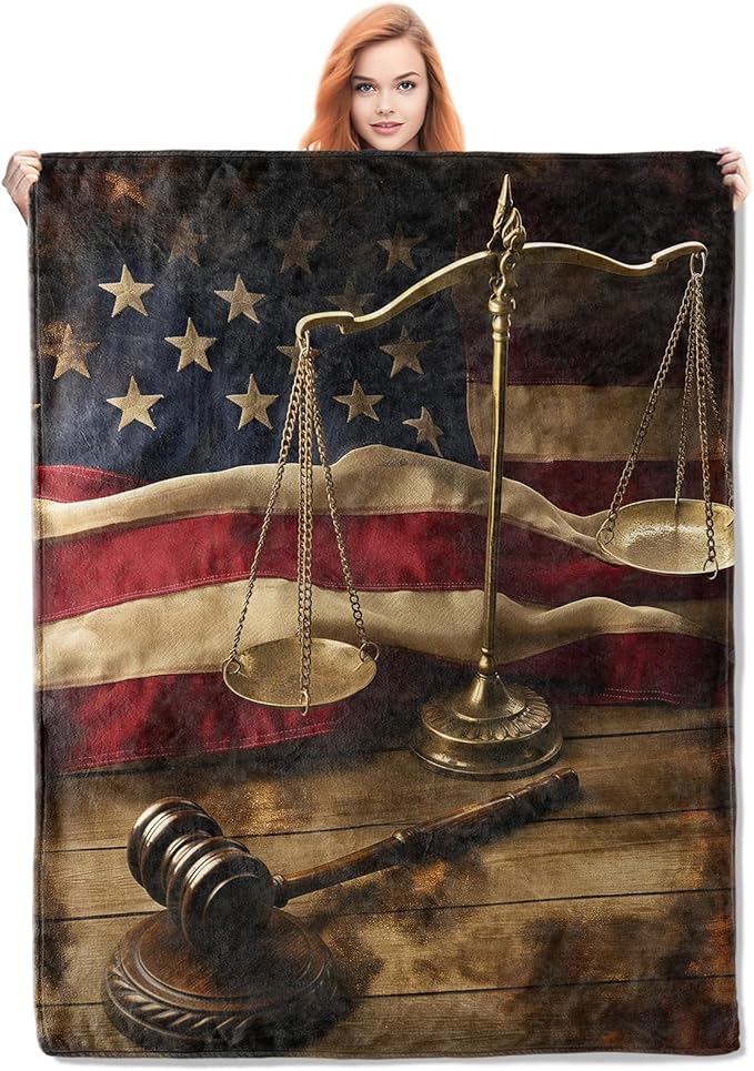 Lawyer Blanket, Law Day Flannel Throw, Soft Warm Lightweight Cozy Plush American Flag Gavel and Scales Throws for Bed Sofa Office Home Decor, Gifts for Women Men 60"x50"