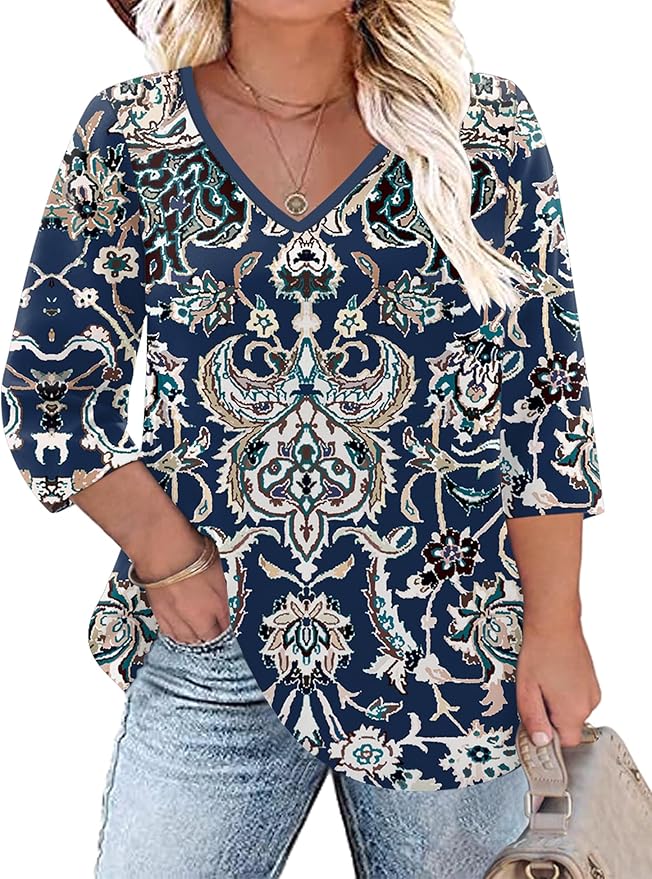 TFSDOD Womens Plus Size Tops V Neck T Shirts 3/4 Sleeve Blouse Summer Casual Tees XL-5X