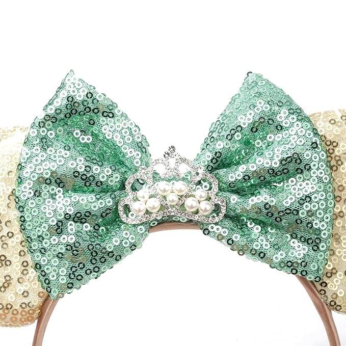 Foeran Mouse Ears Headbands Shiny Bows Mouse Ears Glitter Party Princess Decoration Cosplay Costume for Girls Women (pearl crown gold)