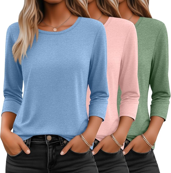 Ficerd 3 Pack 3/4 Sleeve Tops for Women Round Neck Dressy Basics Tees Casual Trendy Loose Fit T Shirts