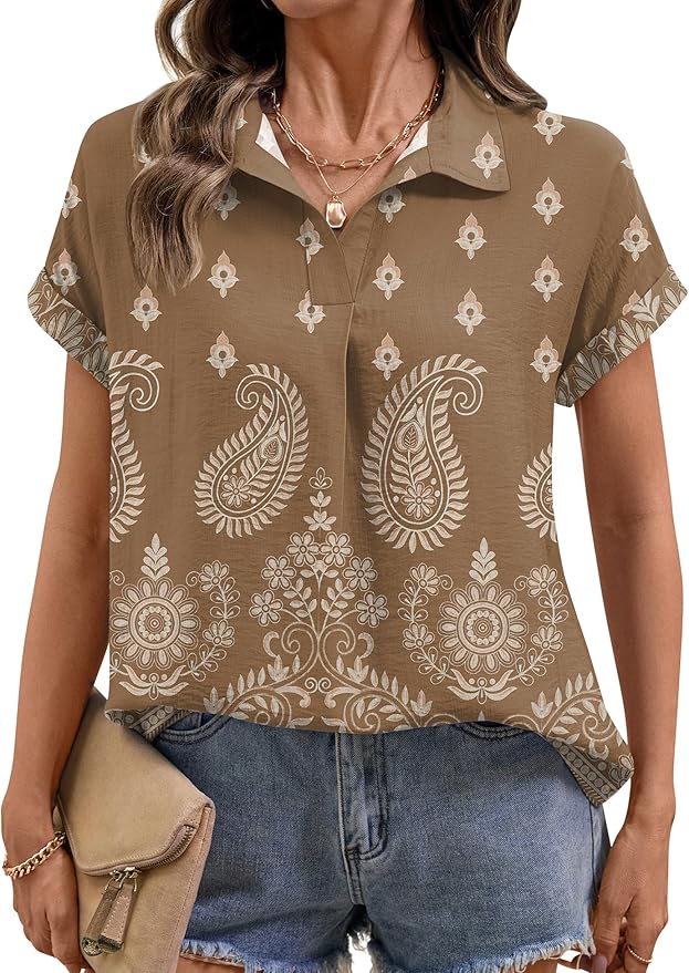 LOMON Women Blouses Spring Summer Tops for Women 2026 Short Sleeve V Neck Dressy Casual Collared Shirts Work Office