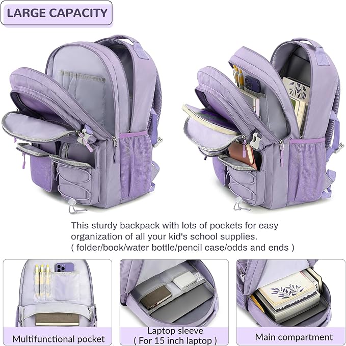 Lohol Water Resistant Backpack with Mulitiple Pockets for Travel Outdoor College, 15.6 inch Laptop Bookbag for Girl and Women (Purple)