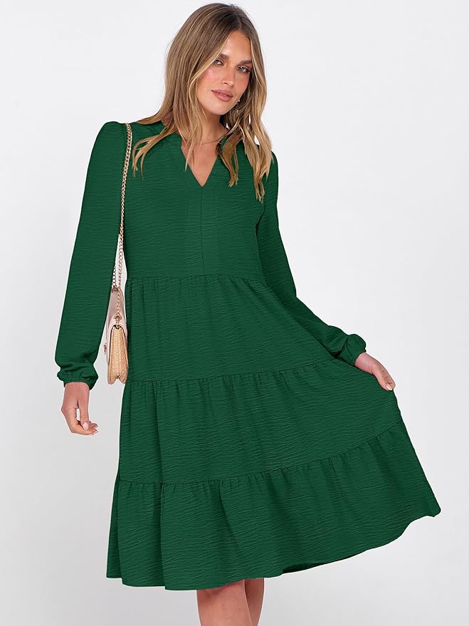 ANRABESS Womens Fall Midi Dresses Long Sleeve V Neck Swing Tiered Work Business Casual 2026 Flowy Beach Vacation Dress