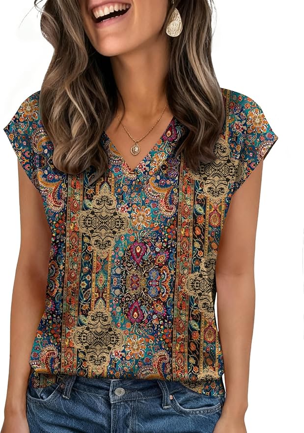 Zeagoo Womens Tops Cap Short Sleeve Textured Blouse V Neck Summer Spring Shirts Business Casual Outfits