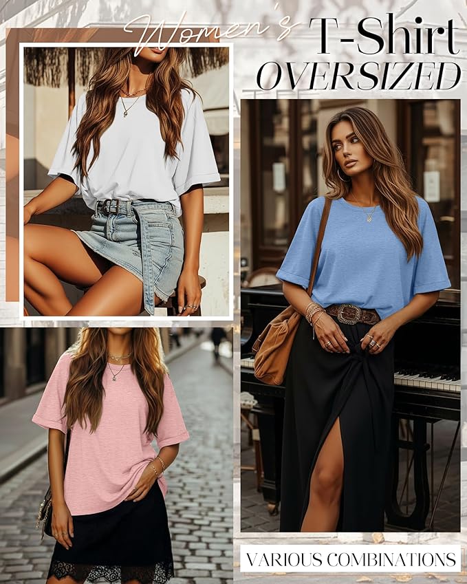 Riyiper 3 Pack Women's Oversized T-Shirt Half Sleeve Summer Tees Casual Loose Fit Crew Neck Basic Tops