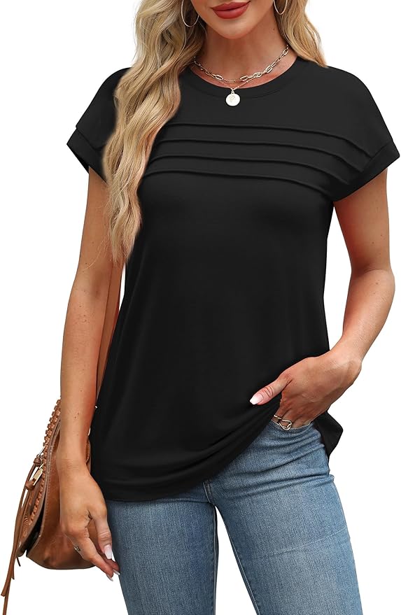 WEESO Womens Summer Tops Trendy 2026 Cap Sleeve T Shirts Crew Neck Pleated Front Beach Vacation Clothes Fashion