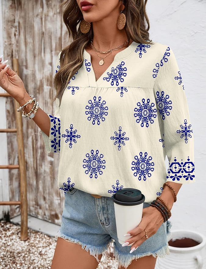 Rapbin Womens 3/4 Sleeve V Neck Floral Print Pleated Blouses for Women Dressy Casual Loose Fit Tops