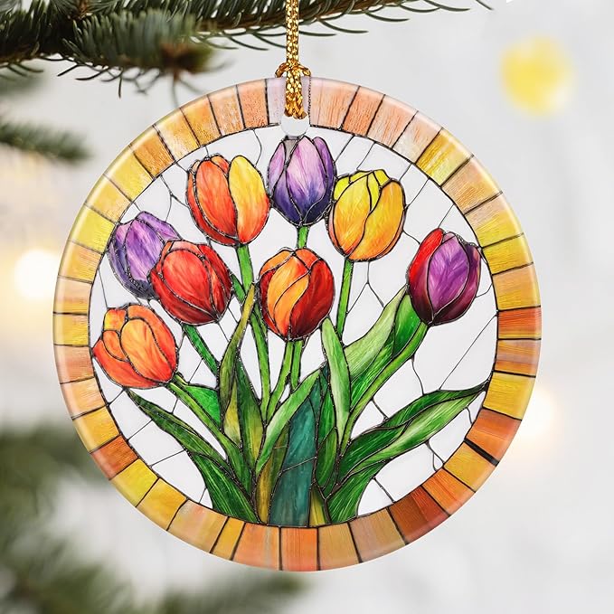 Christmas Ornaments, Dodosky 2.8in Ceramic Tulips Flower Ornament, Xmas Decor, Christmas Tree Ornaments, Xmas Decorations for Tree, Holiday Ornament, Tulips Gifts, Gifts for Women, Mom, Flower Lovers