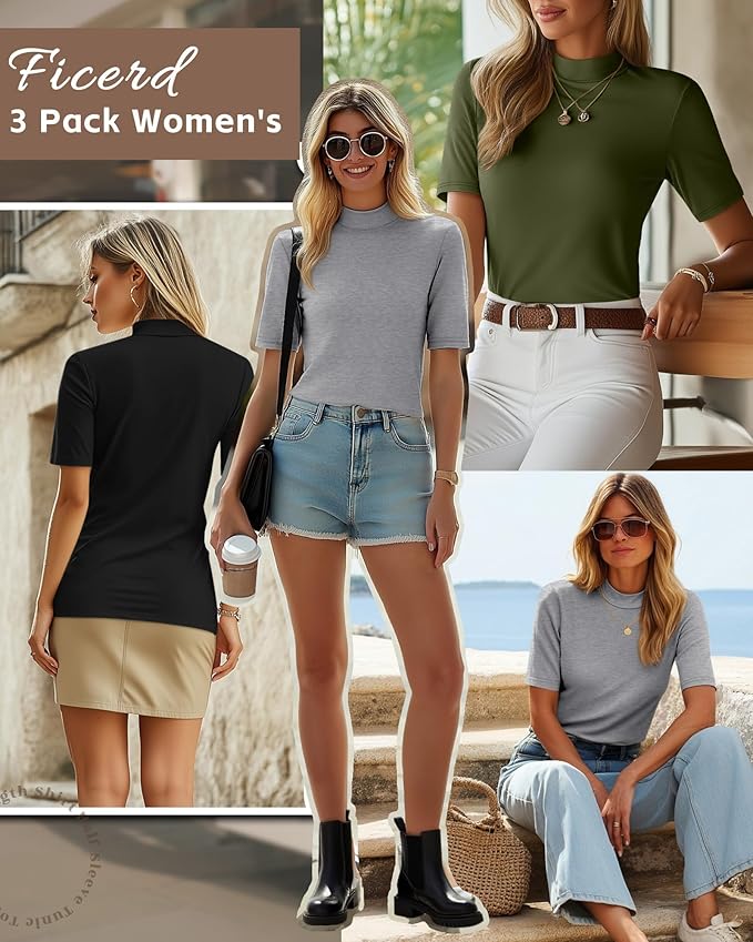 Ficerd 3 Pack Women's 1/2 Sleeve Mock Turtleneck Shirts, Elbow Length Shirt Half Sleeve Tunic Top Casual Summer Basic Tees