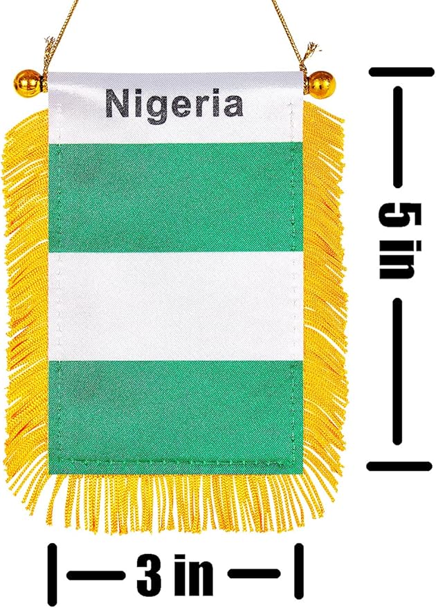 ZXvZYT 3 X 5 Inch Nigeria Window Hanging Flag Nigerian Small Mini Car Flags Banners Rearview Mirror Decoration - with Suction Cup & Golden Fringy Banner(2 Pack)