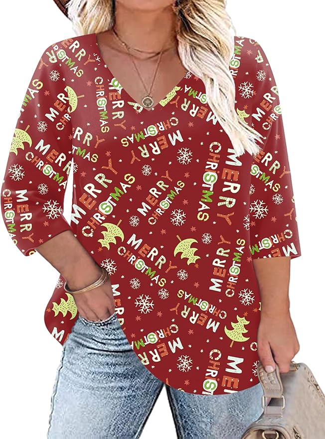 TFSDOD Womens Plus Size Tops V Neck T Shirts 3/4 Sleeve Blouse Summer Casual Tees XL-5X
