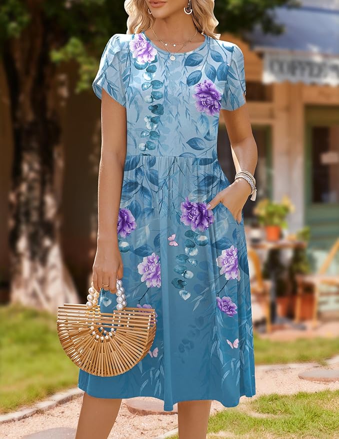 HOTOUCH Women's Summer A-Line Midi Dresses 2026 Casual Floral Short Sleeve T-Shirt Dress Flowy Beach Sundress with Pockets