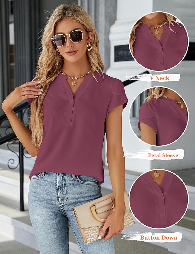 Blooming Jelly Women's Dressy Casual Tops Business Work Blouses White Button Down Shirts Cap Sleeve V Neck Tshirt