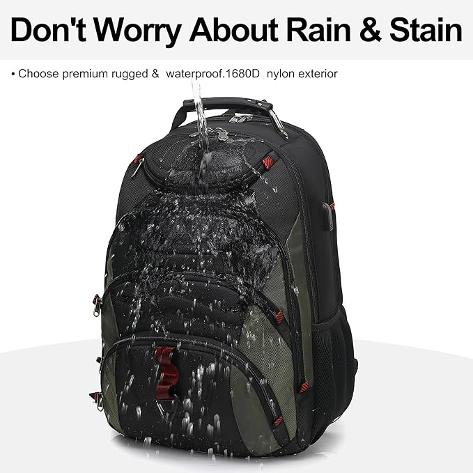 Boavan Laptop Backpack for men, 17.3 inch Laptop Bag with USB Port, Waterproof Travel Work Backpack Purse, Anti-Theft Teacher Nurse Doctor Casual Bookbags Office Business backpack，Black&Army Green