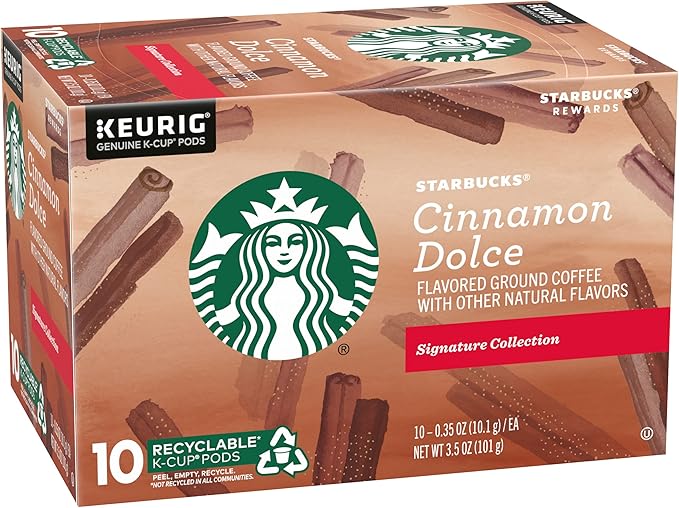 Starbucks Flavored Ground Coffee K-Cup Pods,Cinnamon Dolce,Flavored Ground Coffee Signature Collection,Recyclable K-Cups,10 K-Cup Pods/Box (Pack of 2 Boxes),10 Count (Pack of 2)