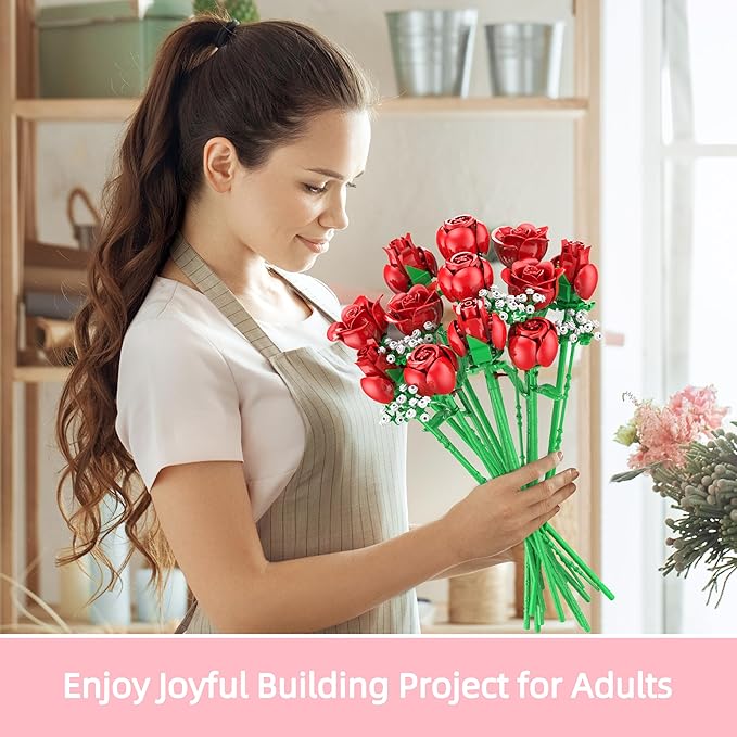 Sopu Red Rose Bouquet Building Set, 960PCS Roses Artificial Flowers Botanical Collection for Dinner Table Home Decor, Valentines Day Gifts for Her Him Valentines Flower Decorations