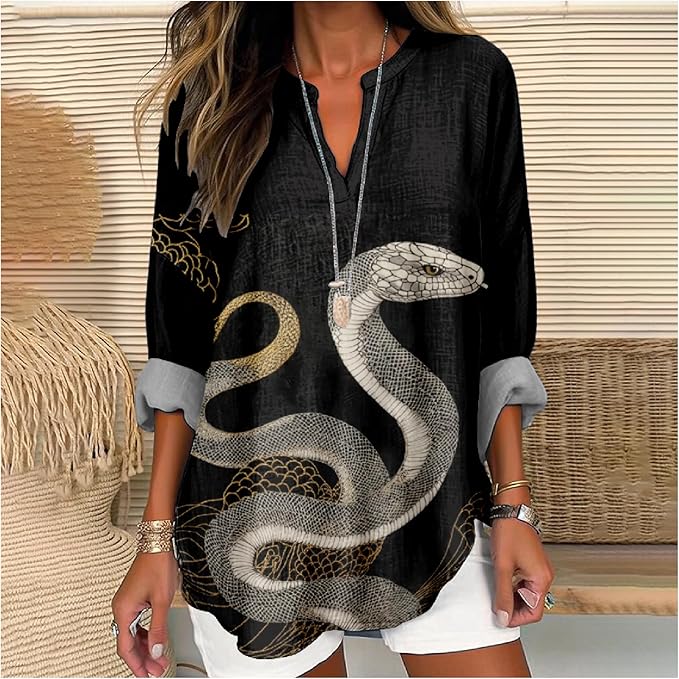 MARSVOVO V Neck Shirt For Women Boho Multi Style Blouse Long Sleeve Novelty Graphic Plus Size Pullover Tops For Women