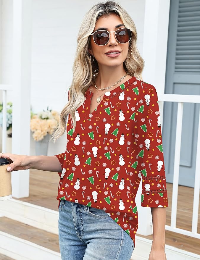 Ivicoer 3/4 Length Sleeve Womens Tops V Neck Lace Embroidered Summer Blouses Loose Fit Tunic Dressy Casual