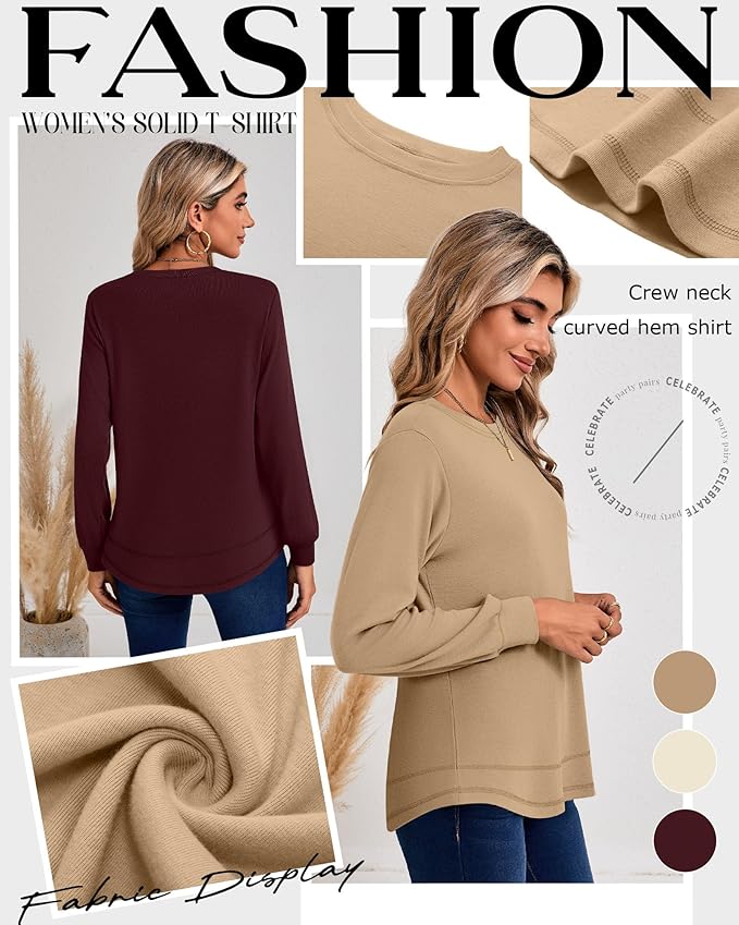 Ficerd 3 Pack Women's Long Sleeve Shirts, Cotton Crew Neck Tunic Tops Casual Loose Fit Pullover Sweatshirts Curved Hem Shirts