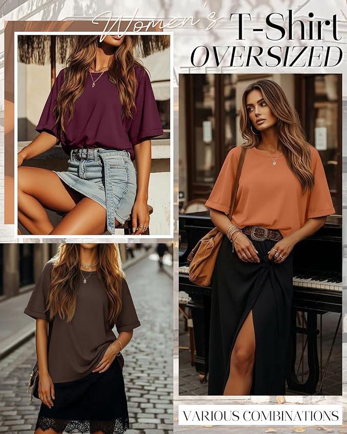Riyiper 3 Pack Women's Oversized T-Shirt Half Sleeve Summer Tees Casual Loose Fit Crew Neck Basic Tops