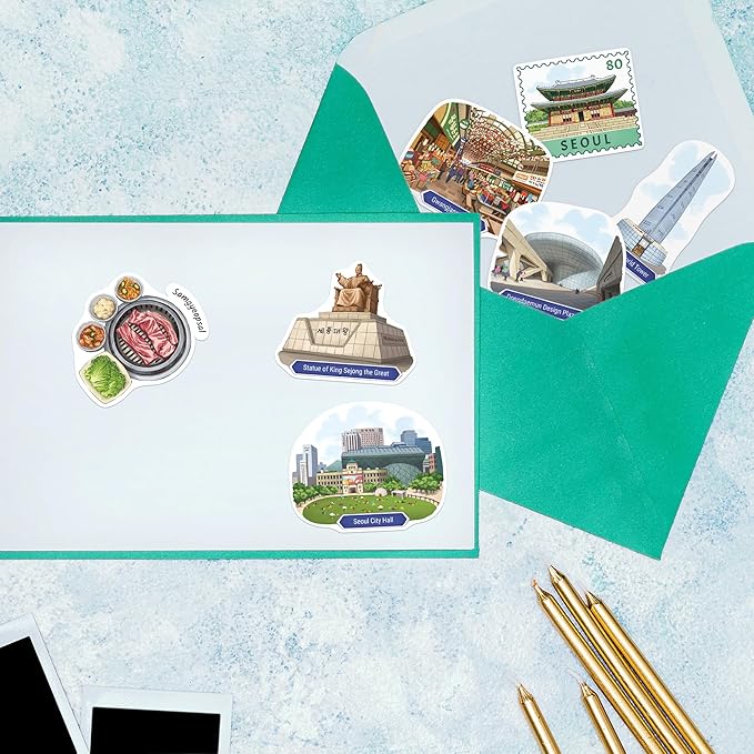 Navy Peony Energetic Seoul Travel Stickers (28pcs)-Gouache, Spring, South Korea, Korean City-Themed Vacation Stickers for Scrapbooks, Journals