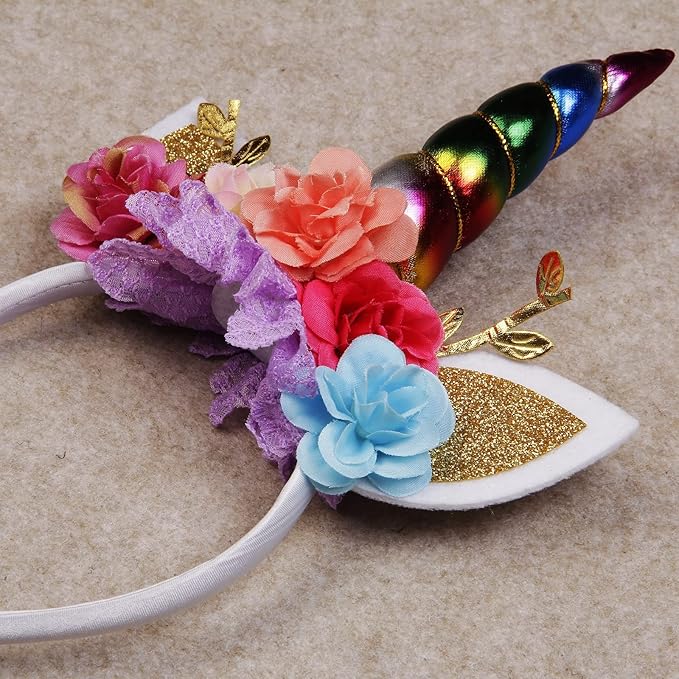 Nishine Unicorn Horn Floral Headband Glitter Ears Pony Head Bands Tiara for Girls Party Birthday Cosplay