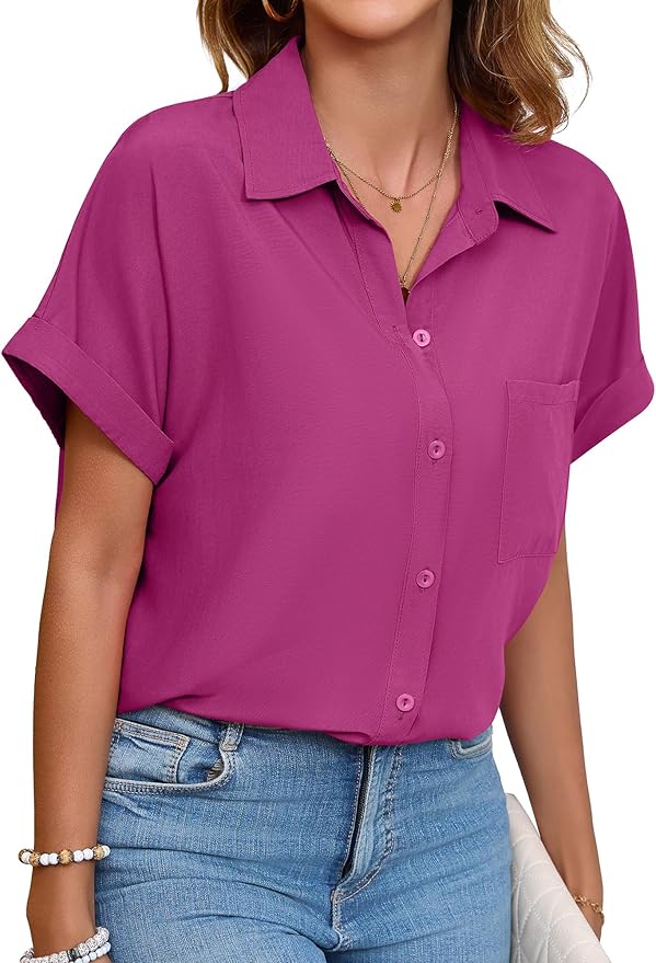 Womens Button Down Shirt Casual Short Sleeve Collared Work Blouse with Pocket