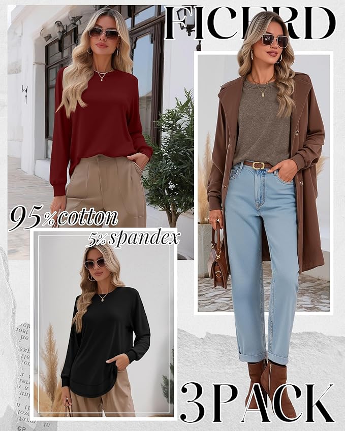 Ficerd 3 Pack Women's Long Sleeve Shirts, Cotton Crew Neck Tunic Tops Casual Loose Fit Pullover Sweatshirts Curved Hem Shirts