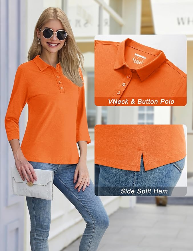 YUCOLEN Polo Shirts for Women 3/4 Sleeve Tops Golf Tees 5-Button Collared Cotton Shirt Business Casual