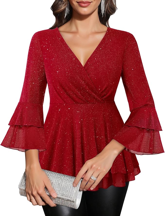 Lotusmile Women's Dressy Blouses Ruffle 3/4 Sleeve Peplum Sparkly Tops