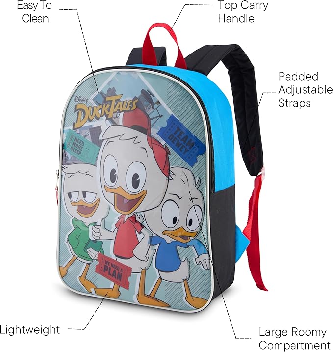 Disney Ducktales Big Face Backpack for Kids - Cute & Durable Kids Backpack for Boys with Padded Straps & Zip Compartment - Ideal Toddler Bookbag for School & Travel - 15”