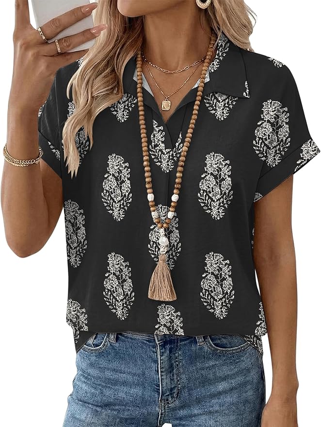 LOMON Women Blouses Spring Summer Tops for Women 2026 Short Sleeve V Neck Dressy Casual Collared Shirts Work Office
