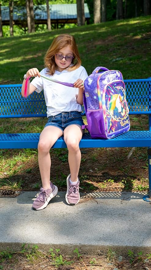 AI ACCESSORY INNOVATIONS Unicorn Academy 16” Backpack with Rainbow Hair Extension, School Bag for Girls Featuring Sophia & Wildstar, Purple