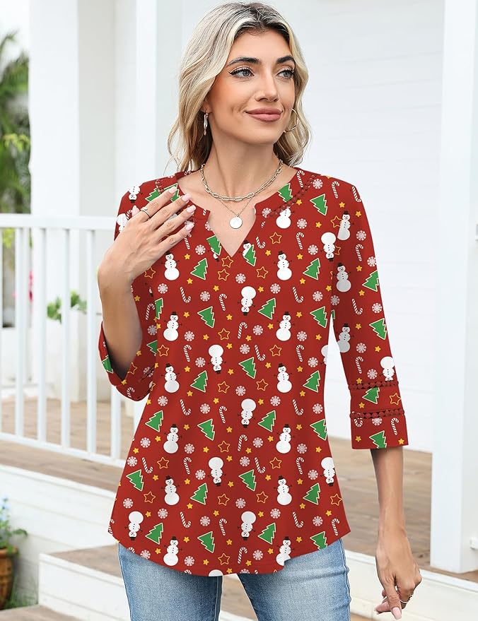 Ivicoer 3/4 Length Sleeve Womens Tops V Neck Lace Embroidered Summer Blouses Loose Fit Tunic Dressy Casual