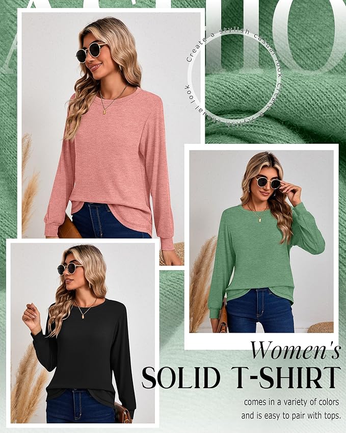 Ficerd 3 Pack Women's Long Sleeve Shirts, Cotton Crew Neck Tunic Tops Casual Loose Fit Pullover Sweatshirts Curved Hem Shirts