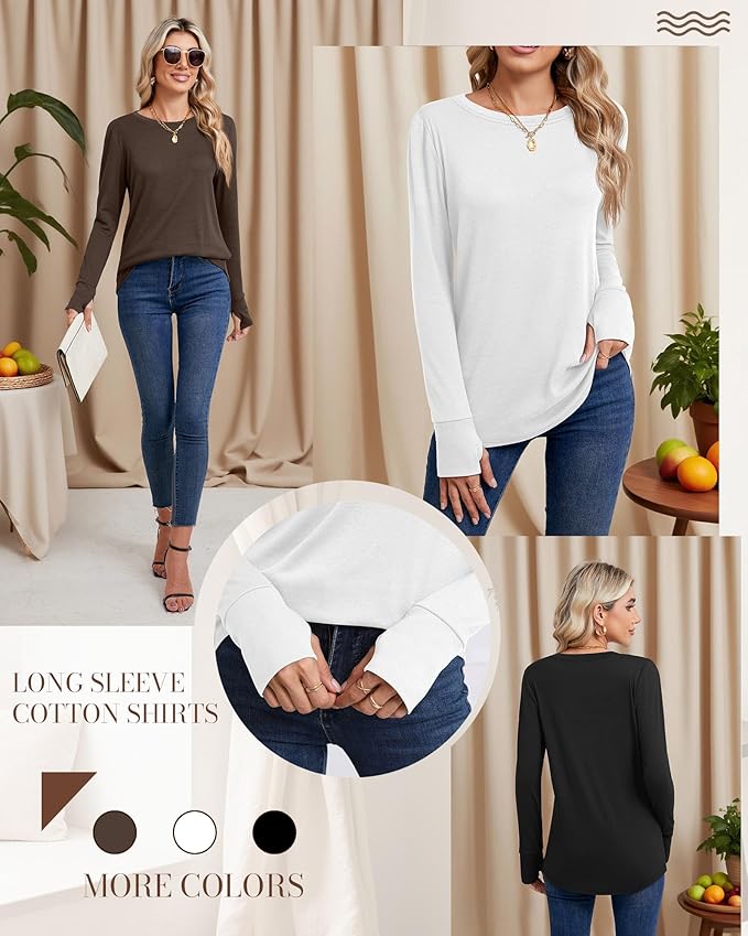 Huukeay 3 Pack Women's Long Sleeve Shirts with Thumb Holes, Cotton Casual Crew Neck Tunic Tops Fall Loose Y2k Trendy Outfits