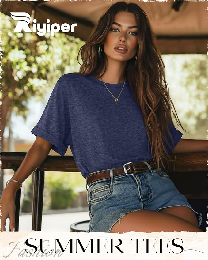Riyiper 3 Pack Women's Oversized T-Shirt Half Sleeve Summer Tees Casual Loose Fit Crew Neck Basic Tops
