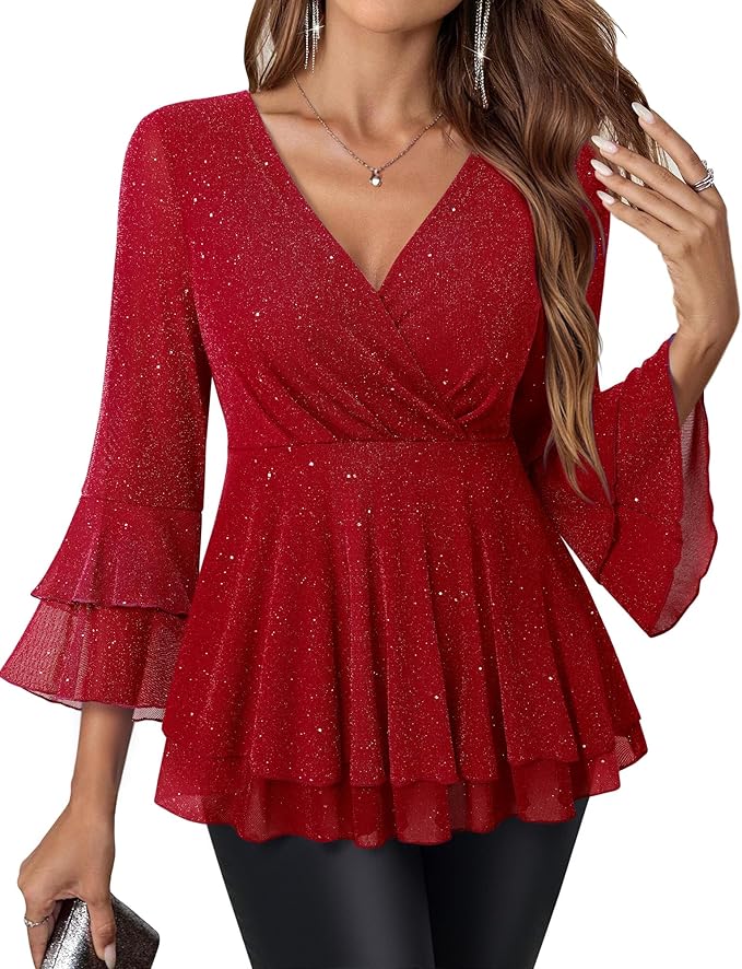 Lotusmile Women's Dressy Blouses Ruffle 3/4 Sleeve Peplum Sparkly Tops