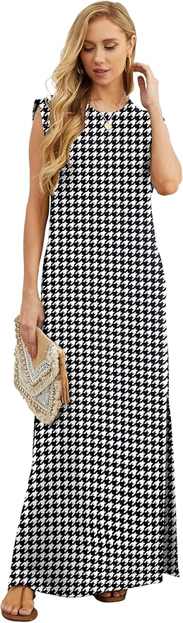 GRECERELLE 2026 Women Year-Round Casual Round Neck Loose Split Wrinkle-Free Long Maxi Vacation Dress with Pockets (XXS-4XL)