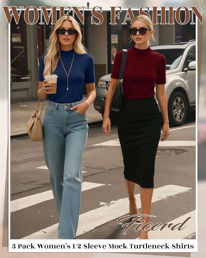 Ficerd 3 Pack Women's 1/2 Sleeve Mock Turtleneck Shirts, Elbow Length Shirt Half Sleeve Tunic Top Casual Summer Basic Tees