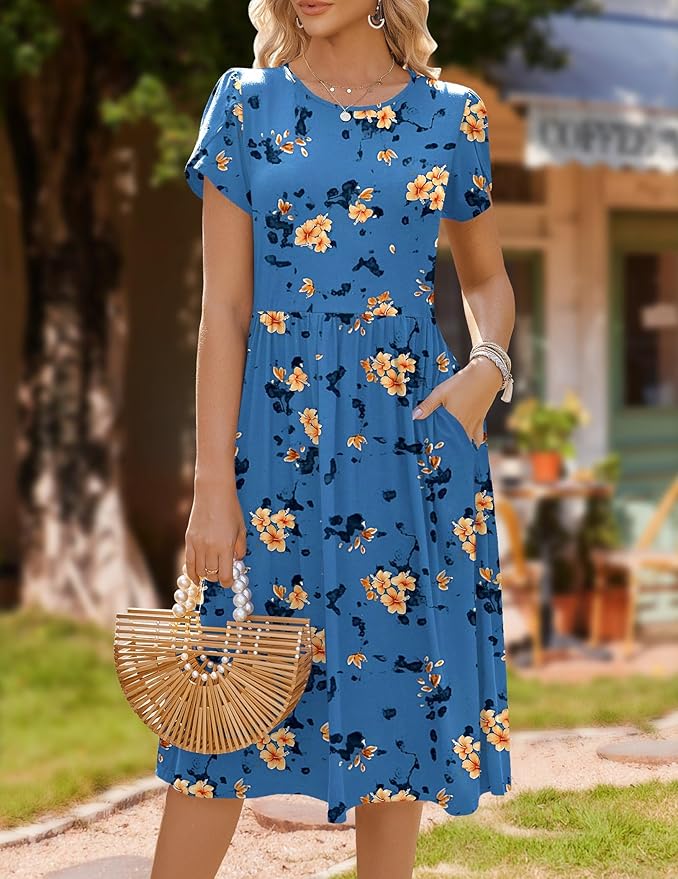 HOTOUCH Women's Summer A-Line Midi Dresses 2026 Casual Floral Short Sleeve T-Shirt Dress Flowy Beach Sundress with Pockets