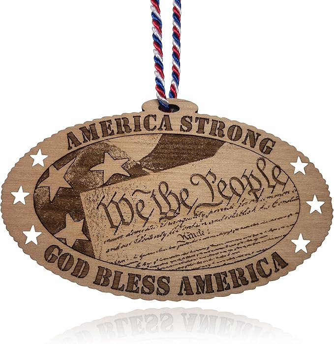 Jolette Designs US Constitutional Ornament - We The People Patriotic Accessory - American Christmas Ornaments - Wooden Circle Ornaments for Home, Car - Unique Decorations with Natural Wood Finish