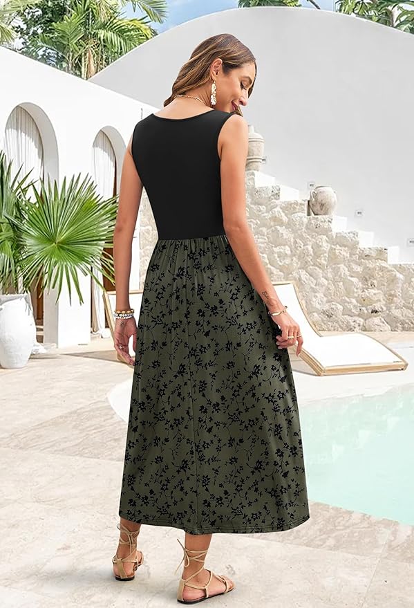 WNEEDU Women's Summer Maxi Dress 2026 Casual Sleeveless Hawaiian Sundress Tropical Long Dress Beach Vacation Outfit