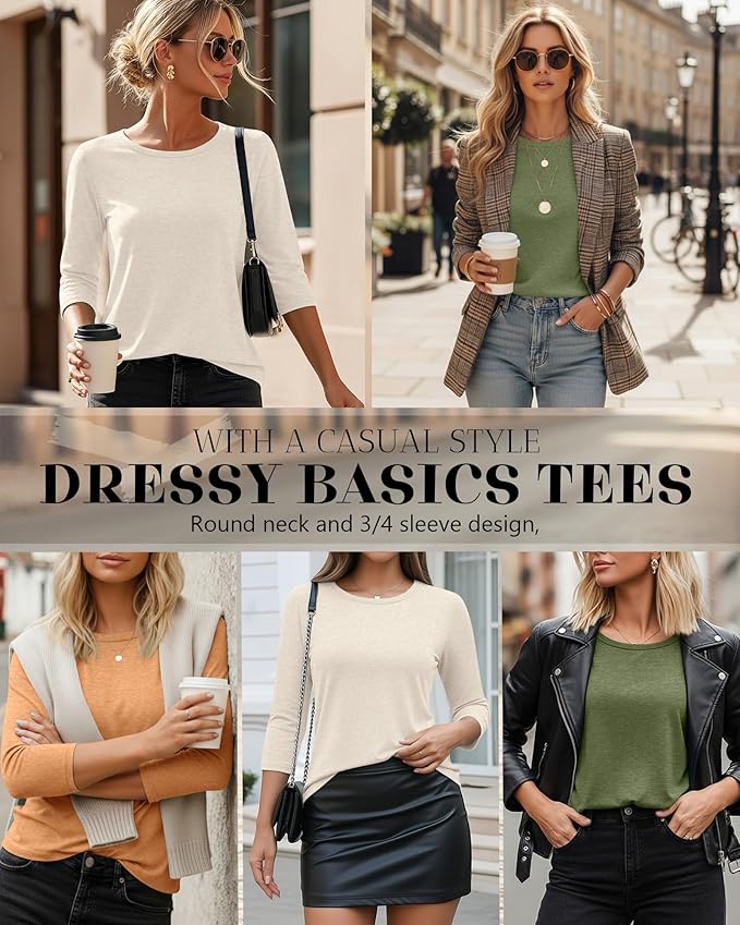 Ficerd 3 Pack 3/4 Sleeve Tops for Women Round Neck Dressy Basics Tees Casual Trendy Loose Fit T Shirts