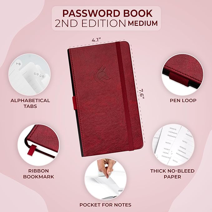 Clever Fox Password Book 2nd Edition – Hardcover Password Keeper with Alphabetical Tabs – Internet Address Notebook & Login Details Organizer Journal – 4.1x7.6” (Wine Red)