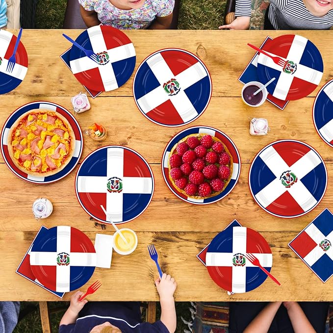 Greencian 96Pcs Dominican Republic Flag Party Decorations Dominican National Plates and Napkins Red White and Blue Flag Tableware Set for Patriotic Country Festival Party Supplies Serves 24